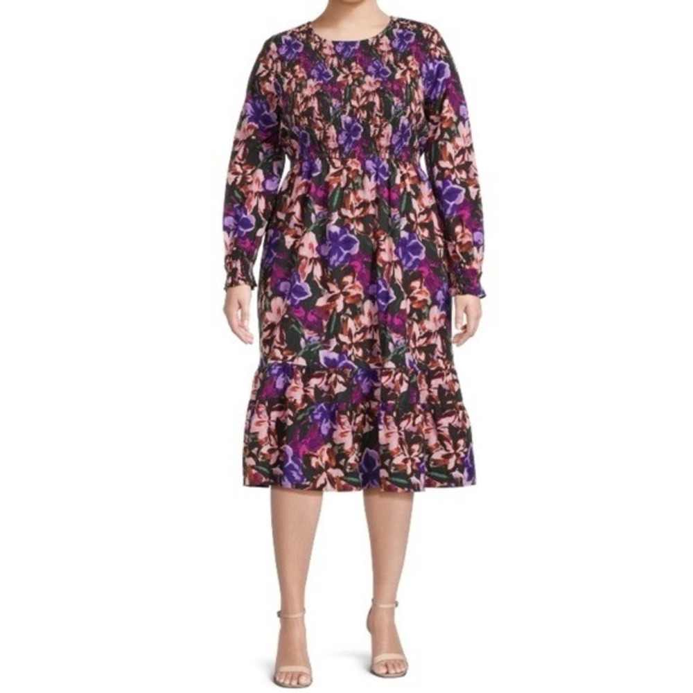 Terra & Sky Floral Smocked Tiered Midi Dress 4X Multicolor Cottage Prairie Boho